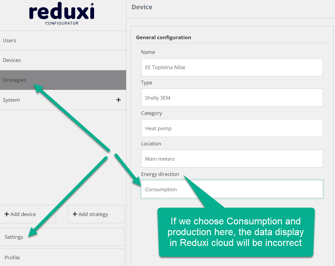 Reduxi Configurator - the importance of selecting proper energy direction for correct energy calculation in Reduxi Cloud.